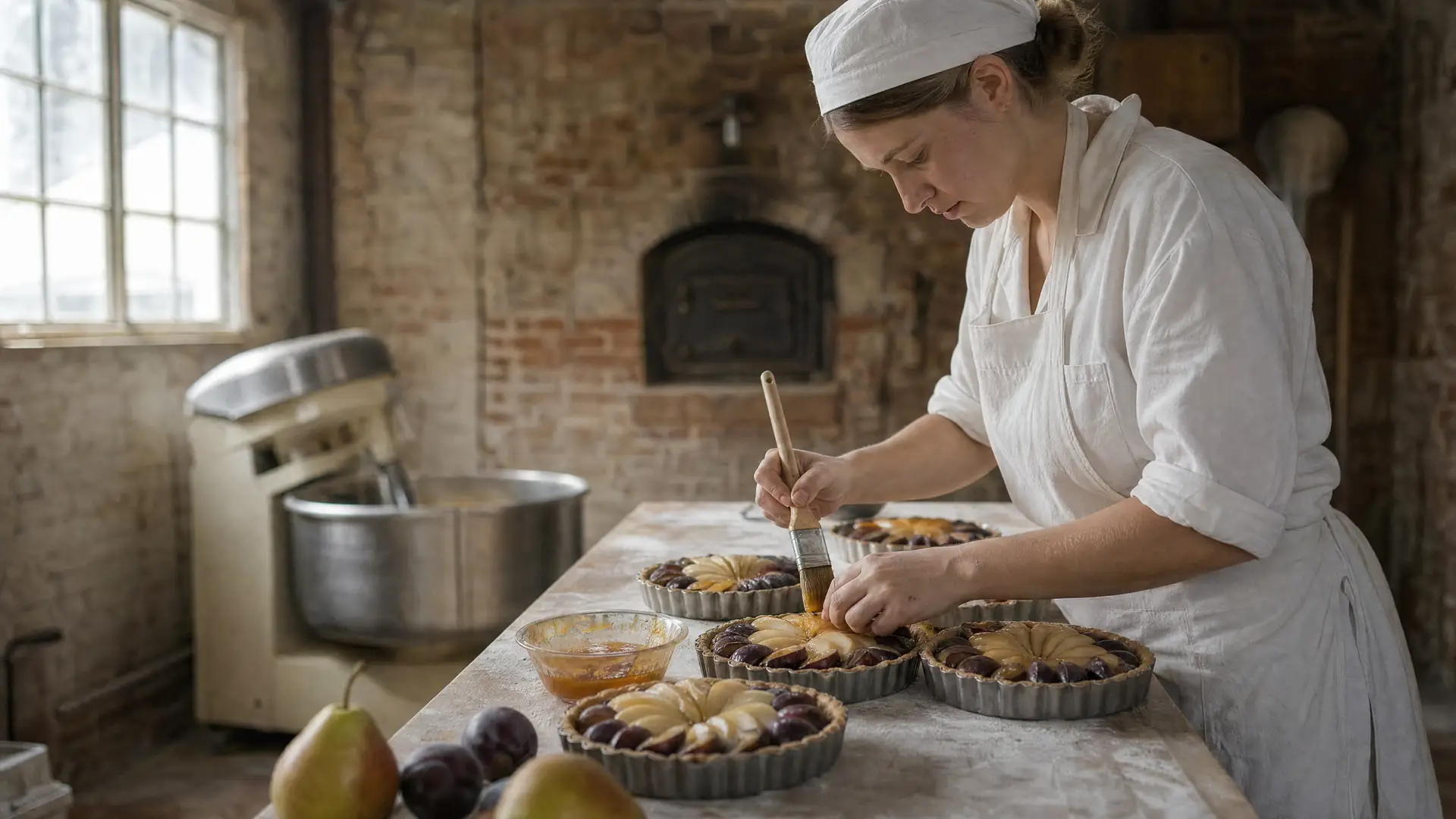Tartes en cours de finition sur le plan de travail, plein jour.