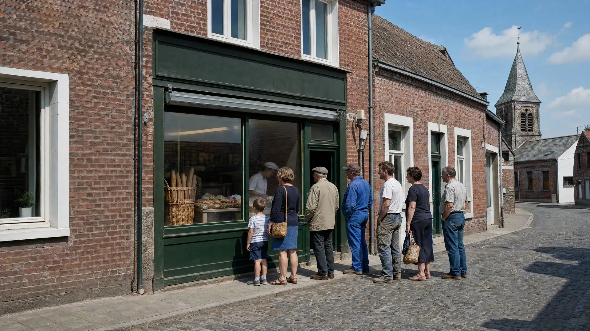 File d’attente devant la boutique, façade au soleil de midi.