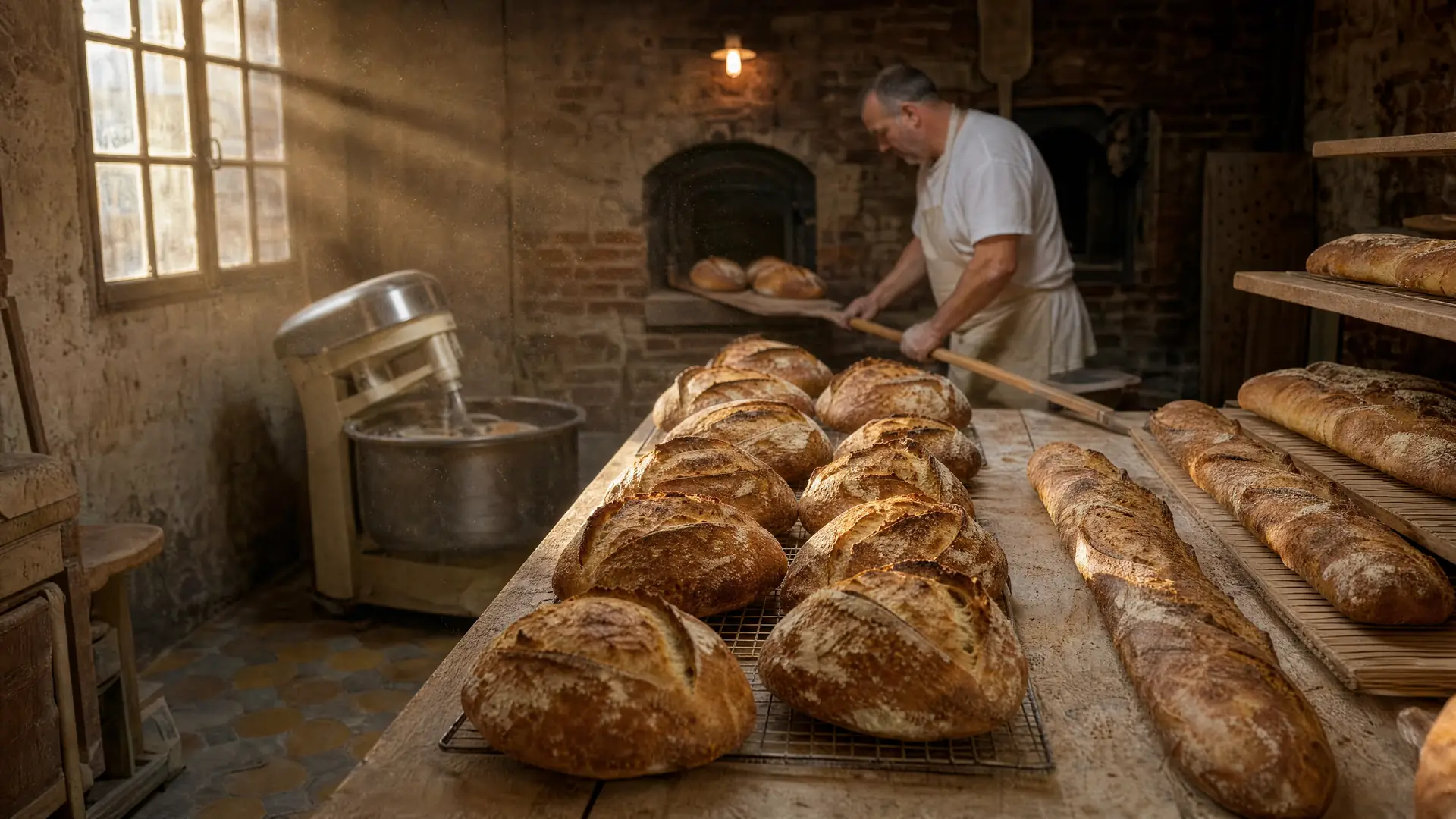 Pains de la deuxième fournée dans la lumière dorée de l’après-midi.