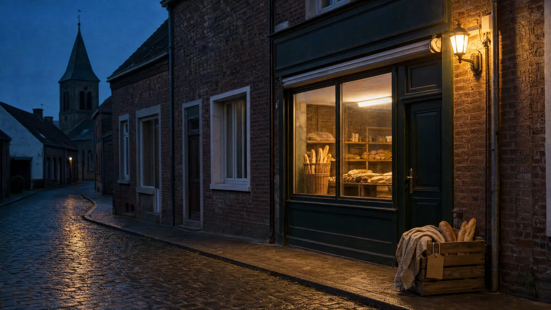 Boutique fermée, vitrine encore allumée, rue bleue du soir, un cageot pour l’association.