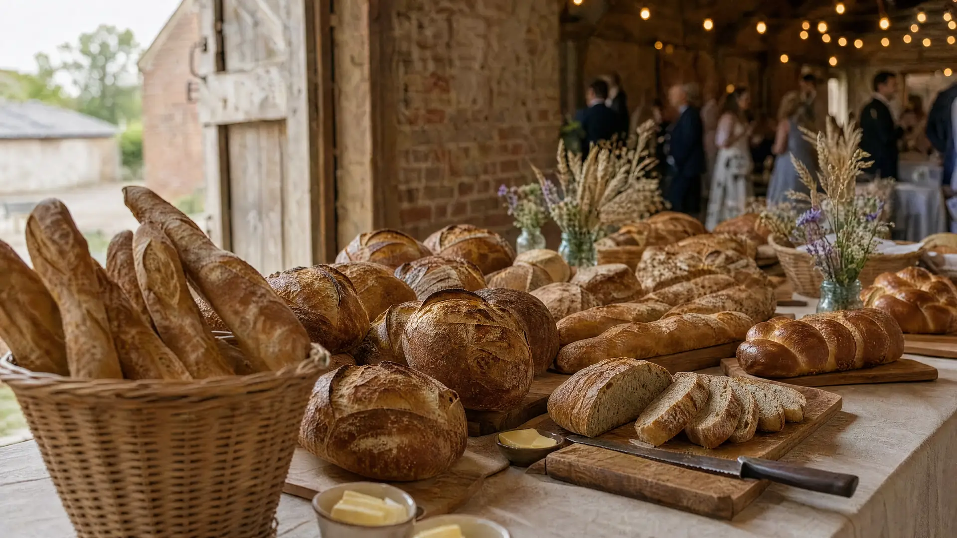 Buffet de pains au levain dressé pour un mariage.